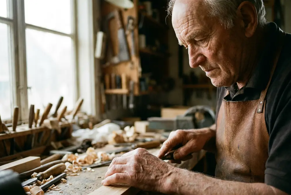 Environmental portrait in workshop, taken with 35mm prime on full-frame