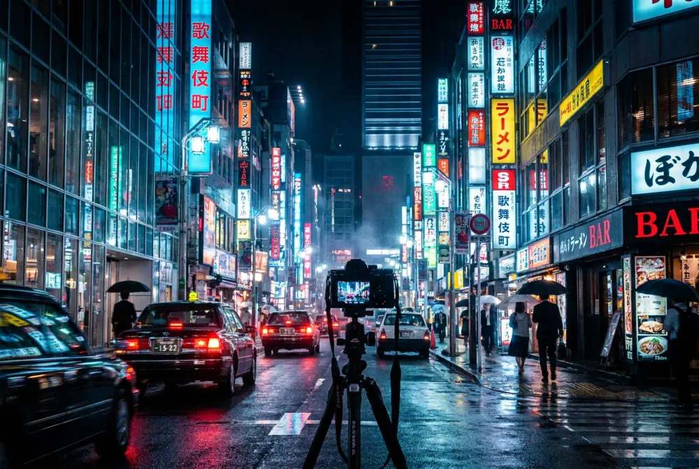 Neon-lit night cityscape, taken with full-frame at high ISO