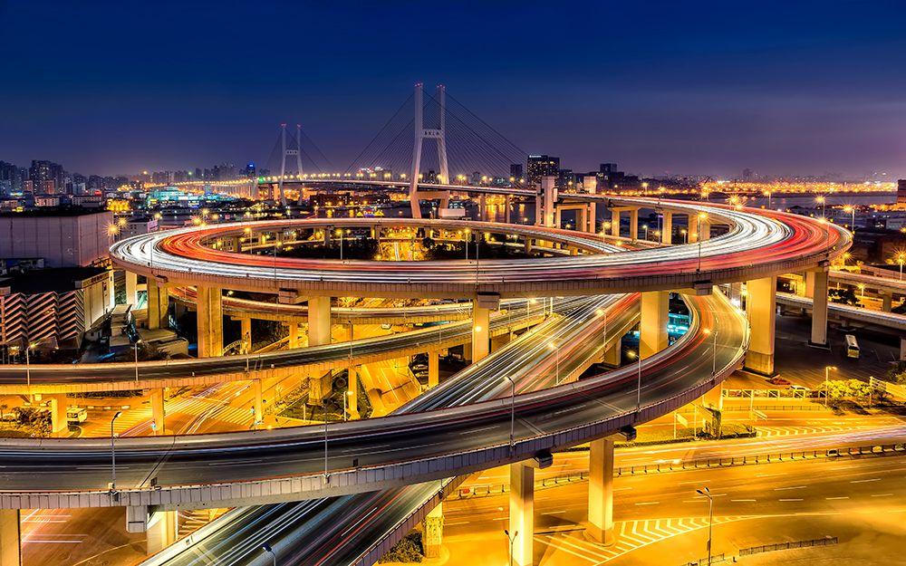 Shanghai Nanpu Bridge long exposure night trails